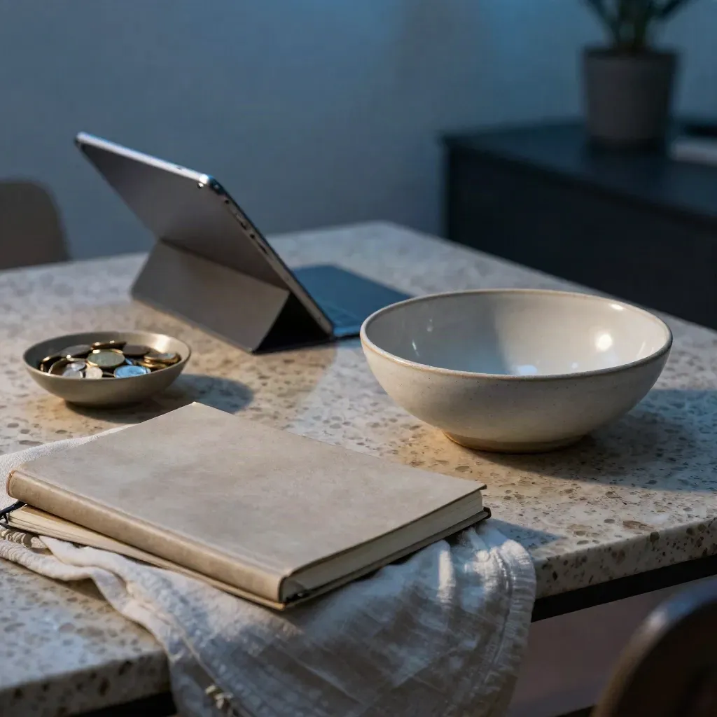 Tavolo operativo al crepuscolo con tablet, monete, notebook e lino chiaro.