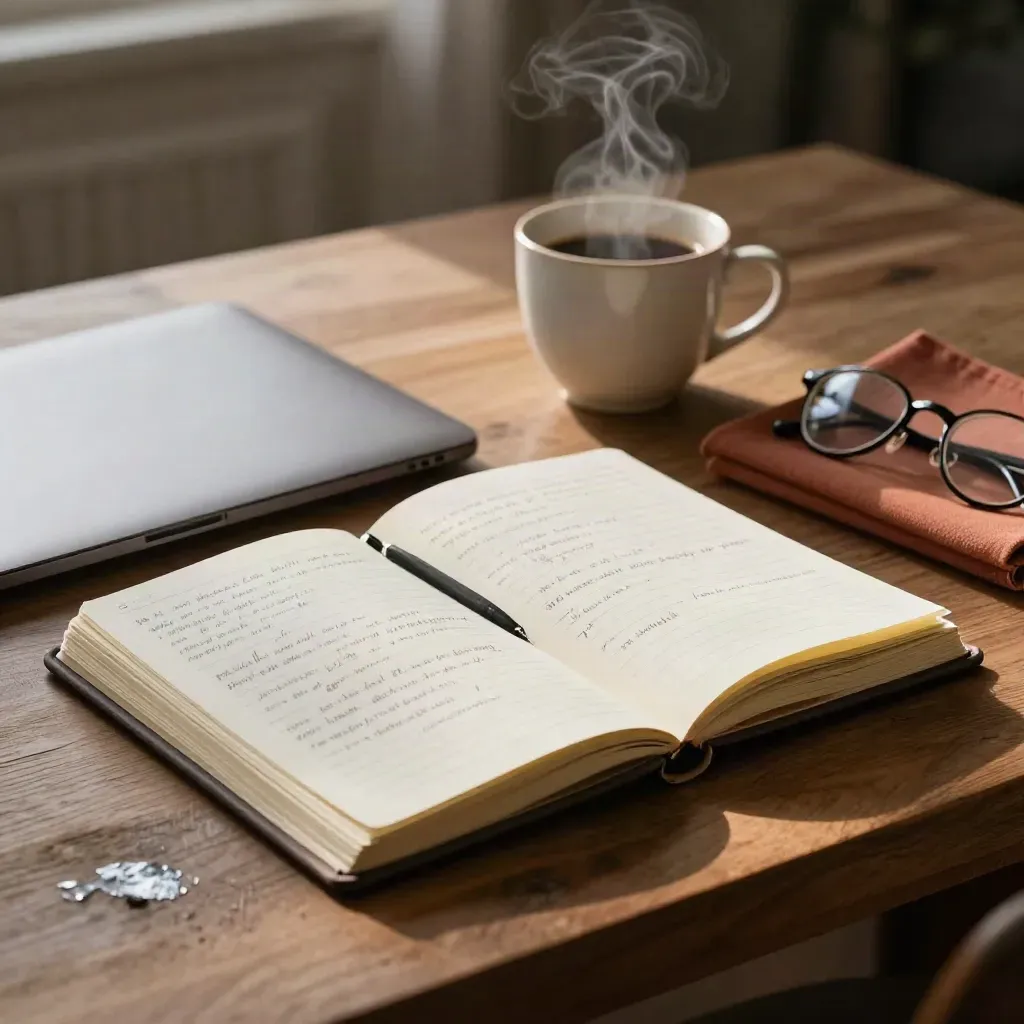Quaderno aperto, laptop, tazza di caffè e occhiali su scrivania in legno, luce mattutina calda.