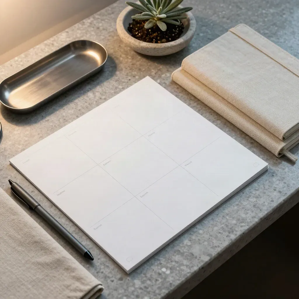 Card di pianificazione editoriale, notebook sottili, portapenne e piccola pianta su pietra chiara