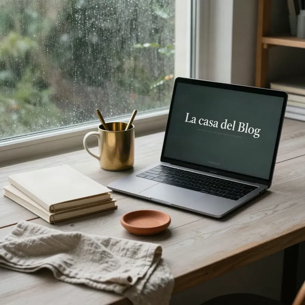 Workspace per blog con laptop, taccuini, tazza e luce morbida dopo la pioggia.