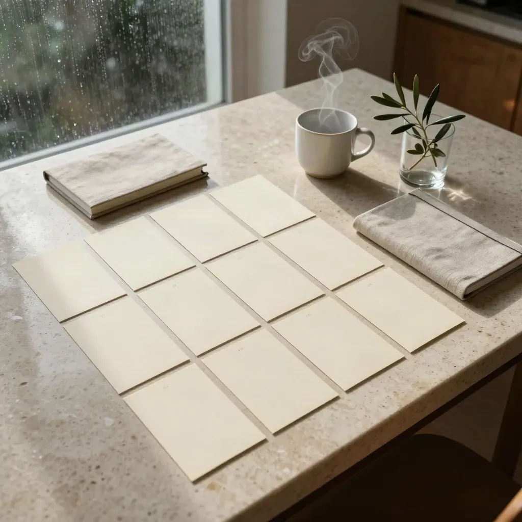 Tavolo in travertino con card idee, due notebook, tazza fumante e rametto d’ulivo in un bicchiere.