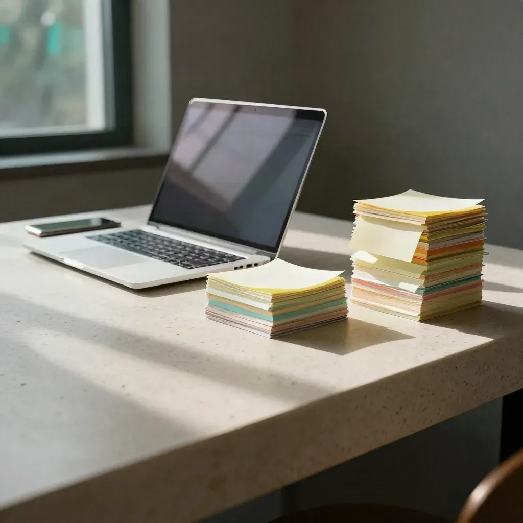 Scrivania editoriale con laptop, telefono, tab e sticky note in luce nord, taglio diagonale.