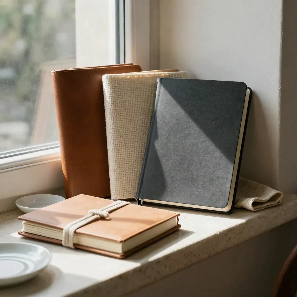 Tre notebook, card per idee e un piattino in ceramica su una mensola di pietra, luce mattutina.