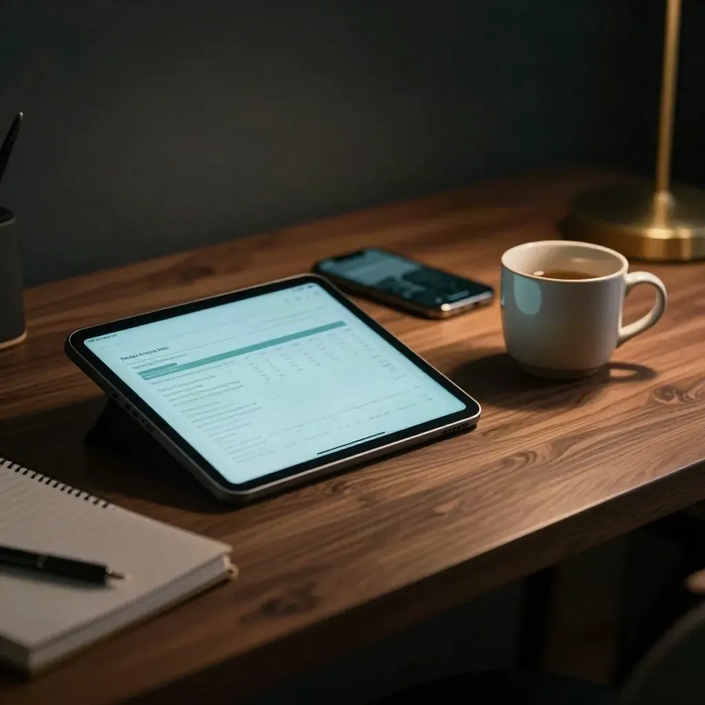 Scrivania serale con tablet acceso, telefono sfocato, notebook e tazza in ceramica.