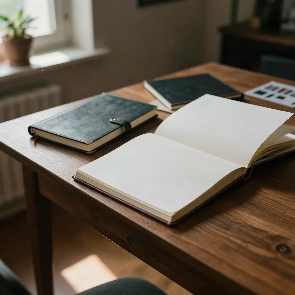 Angolo scrivania dal pavimento con tre notebook, pianta alla finestra e sedia appena visibile.