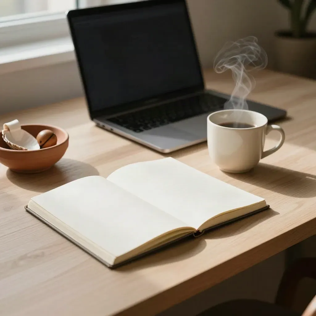 Laptop aperto, quaderno bianco, tazza fumante e ciotola dei ricordi su scrivania in legno chiaro