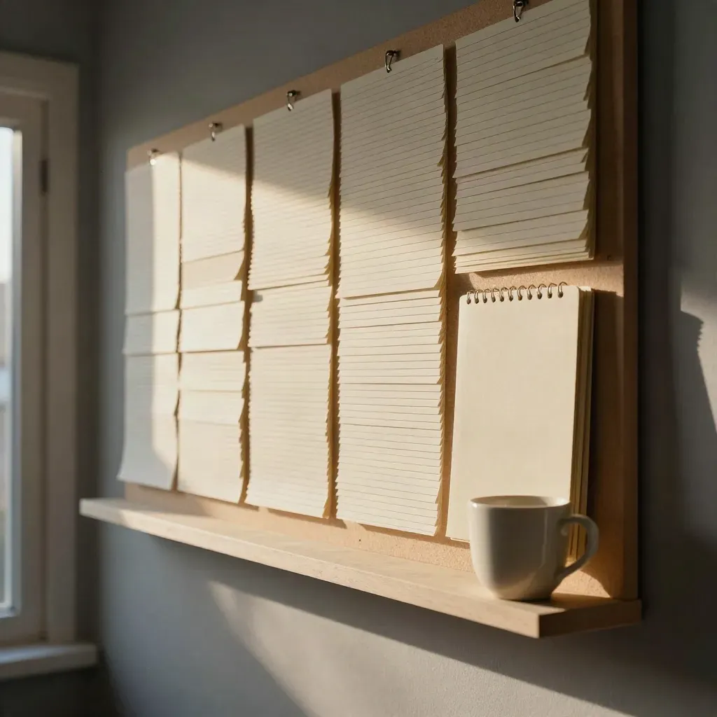 Bacheca editoriale con card avorio, taccuino e tazza su mensola, luce bassa al tramonto.