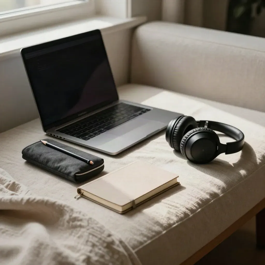 Kit da scrittura su lino con laptop, notebook, astuccio e cuffie in luce calda.