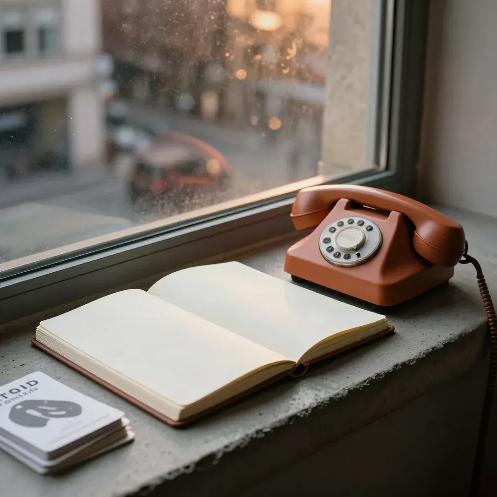 Telefono, notebook e card su davanzale accanto alla finestra al tramonto