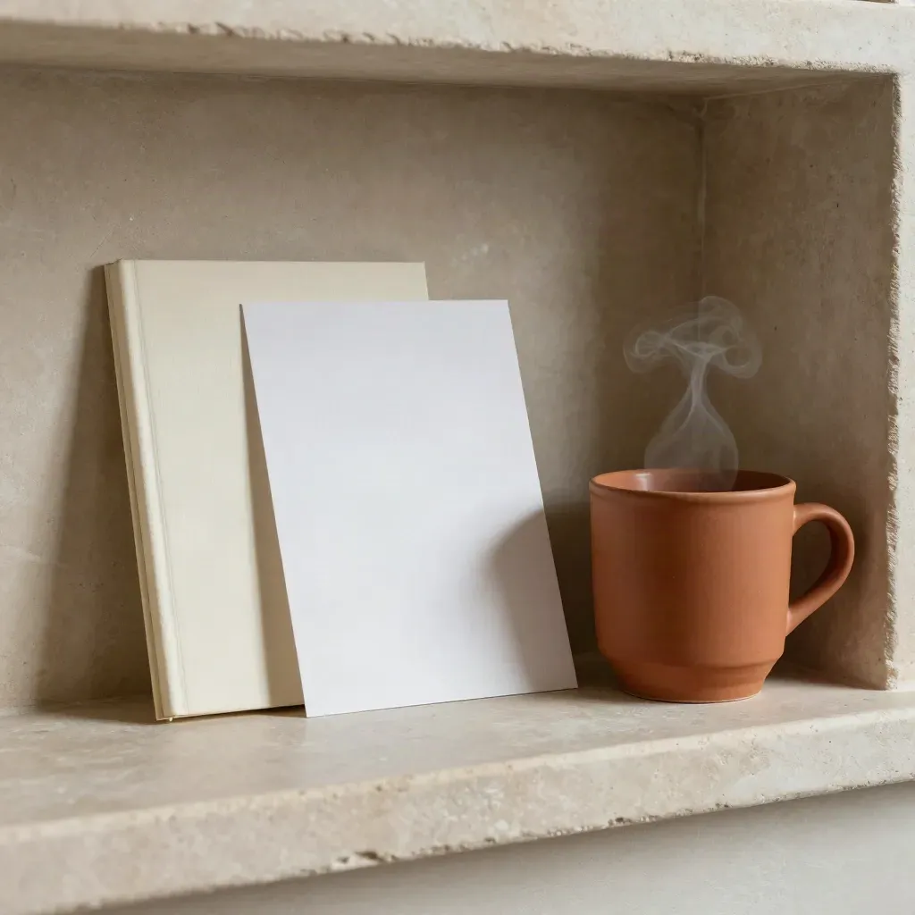 Bacheca con card bianche, dorso di notebook e tazza in ceramica in una nicchia calda.