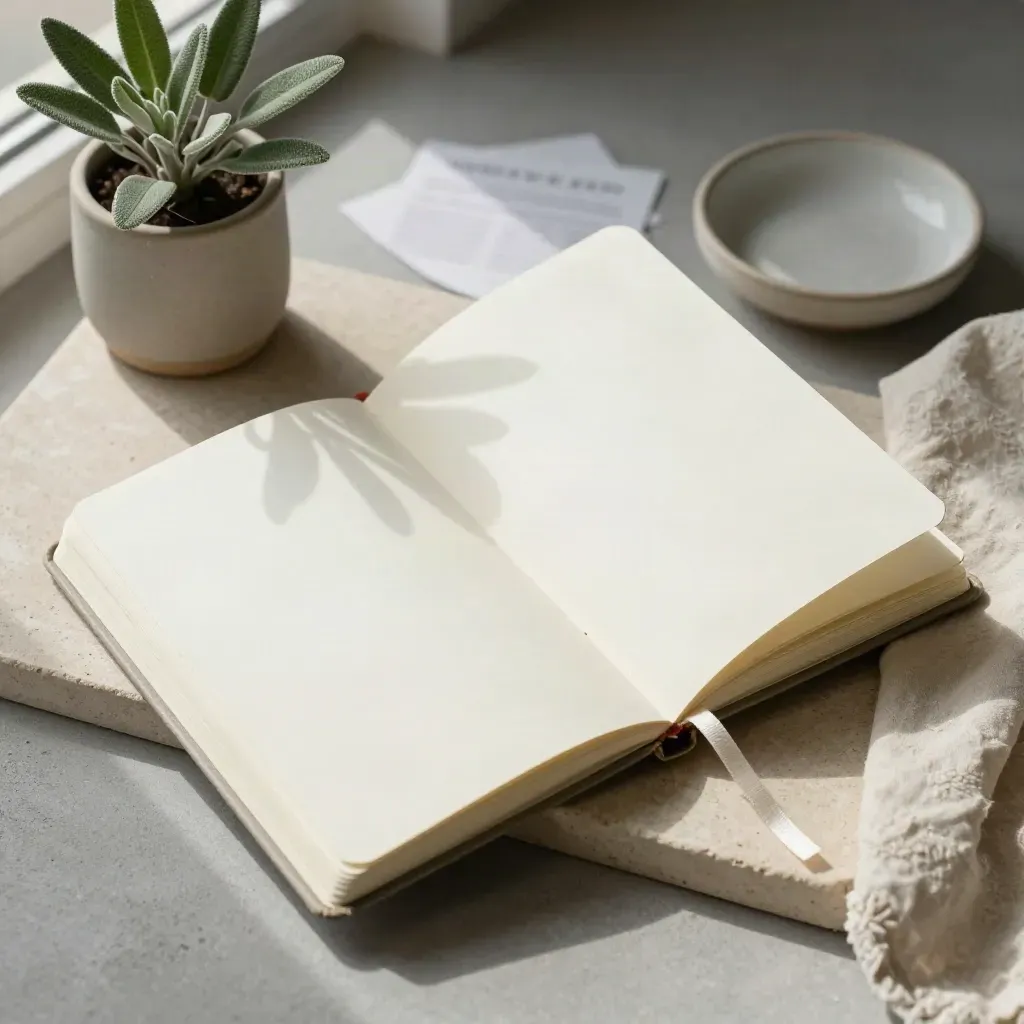 Notebook crema aperto su vassoio di pietra con piantina, lino piegato e ciotolina in ceramica.