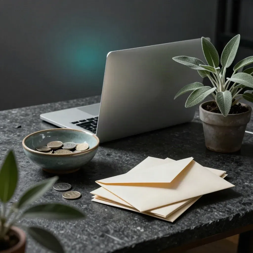 Laptop girato, ciotola di ceramica, buste e pianta su banco scuro, luce notturna teal.