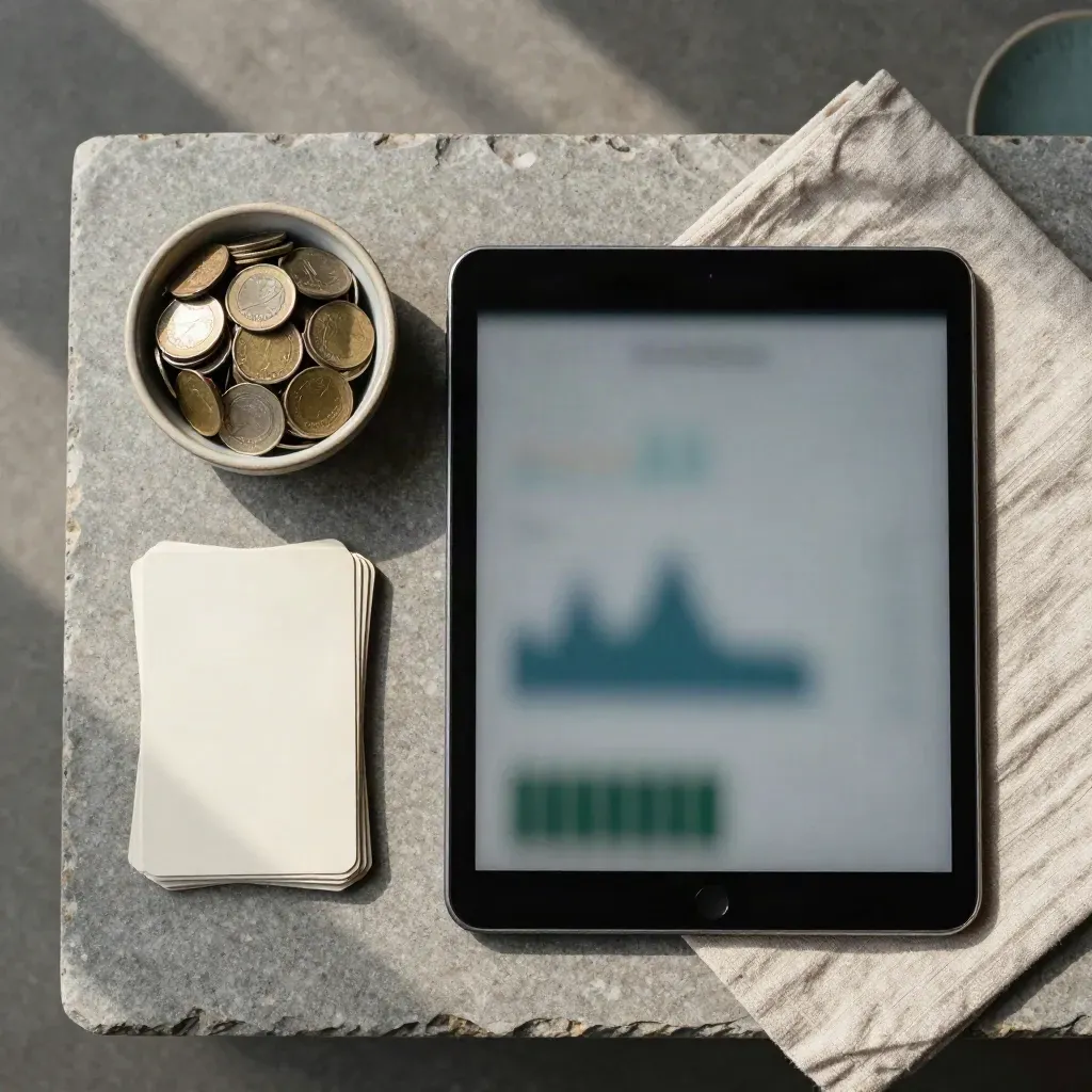 Tablet, monete, card piegate e lino su lastra di pietra, luce morbida dall’alto.